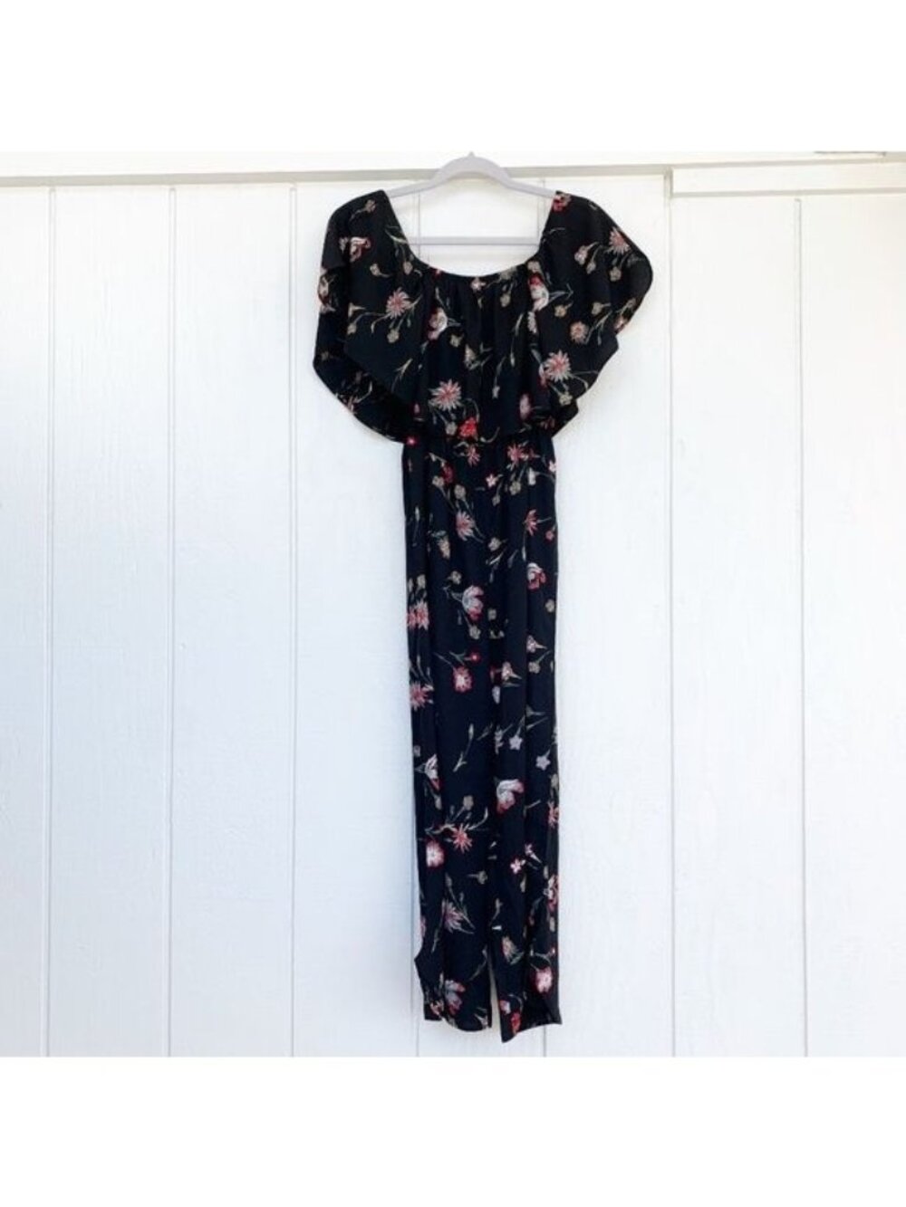 Mahina Hawaii Black Floral Print Ruffle Jumpsuit Women's Small S